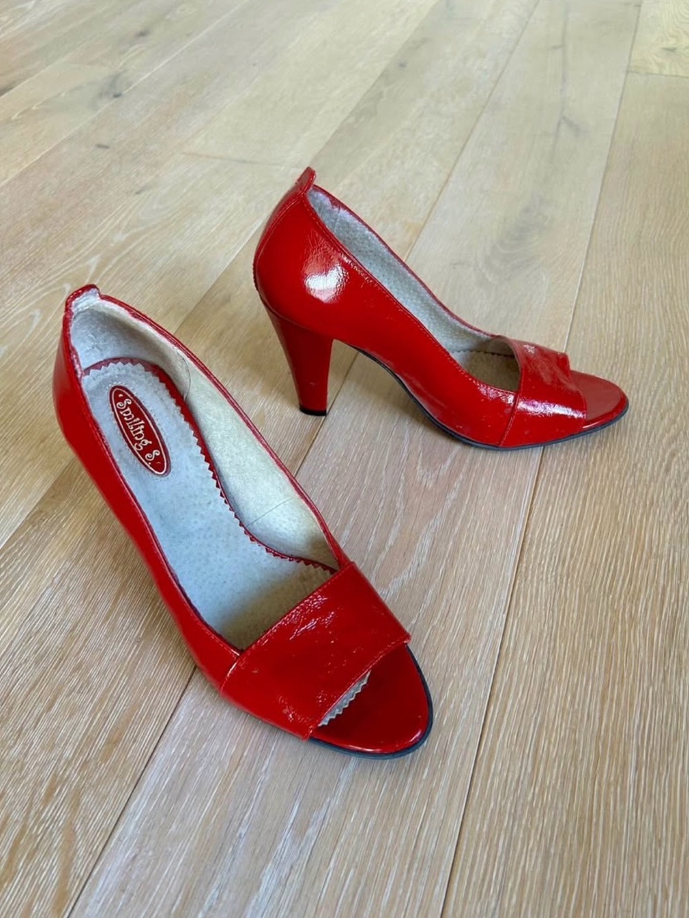 Red Patent Open-Toe Mid Heel Pumps